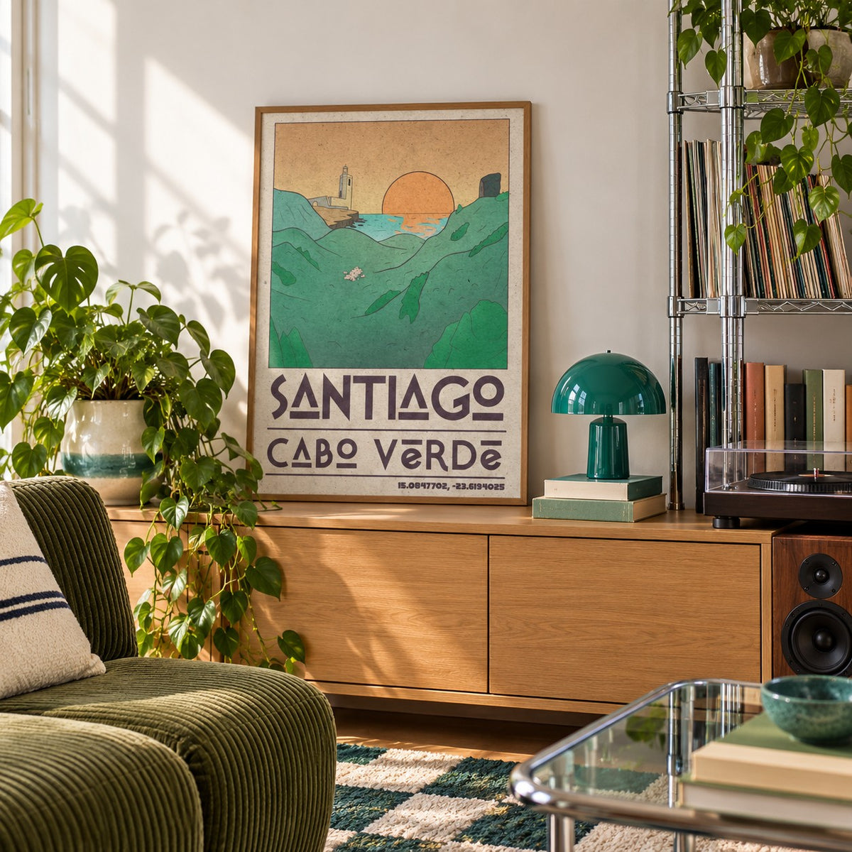 Santiago Cabo Verde Art Print shown in a creative reading corner (frame not included)