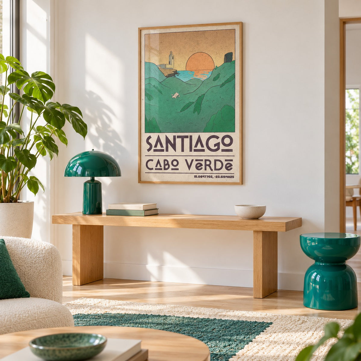 Santiago Cabo Verde Art Print shown in a minimalist living room with an oak console (frame not included)