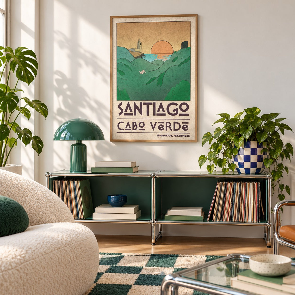 Santiago Cabo Verde Art Print shown in a playful living room with a modular console (frame not included)