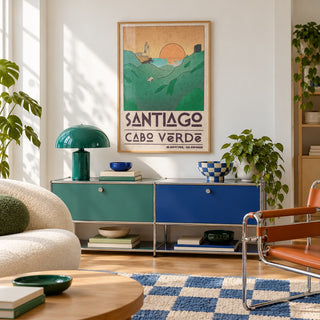Santiago Cabo Verde Art Print shown in a retro lounge corner (frame not included)