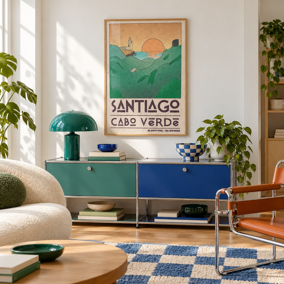Santiago Cabo Verde Art Print shown in a retro lounge corner (frame not included)