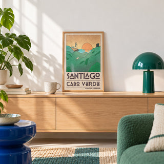 Santiago Cabo Verde Art Print shown in the small A4 size on a styled console (frame not included)