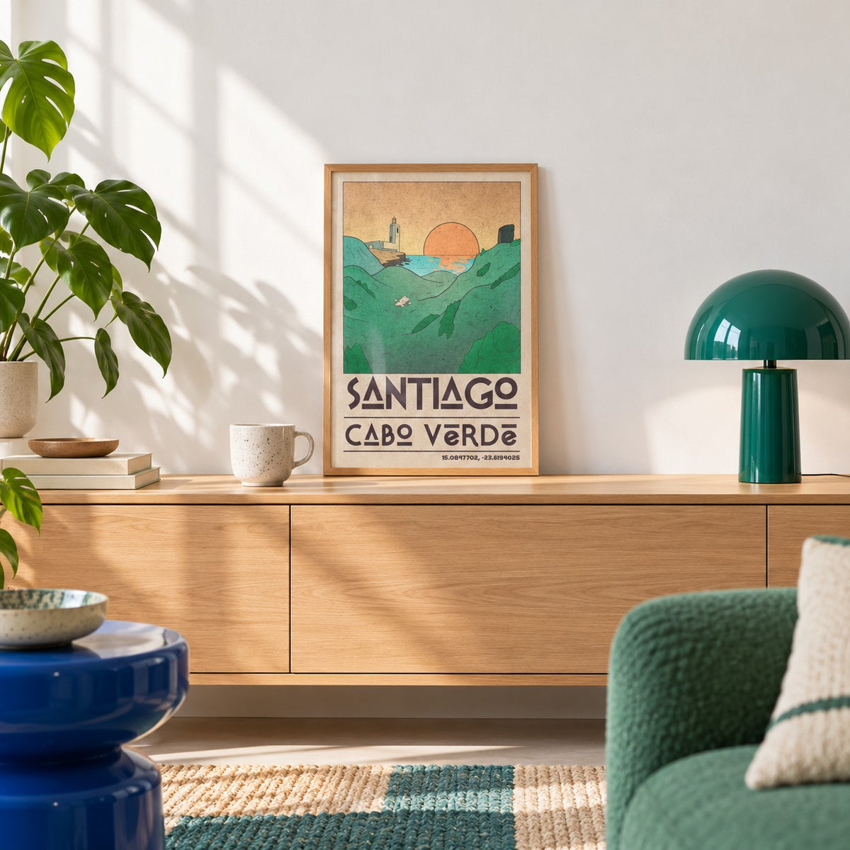 Santiago Cabo Verde Art Print shown in the small A4 size on a styled console (frame not included)