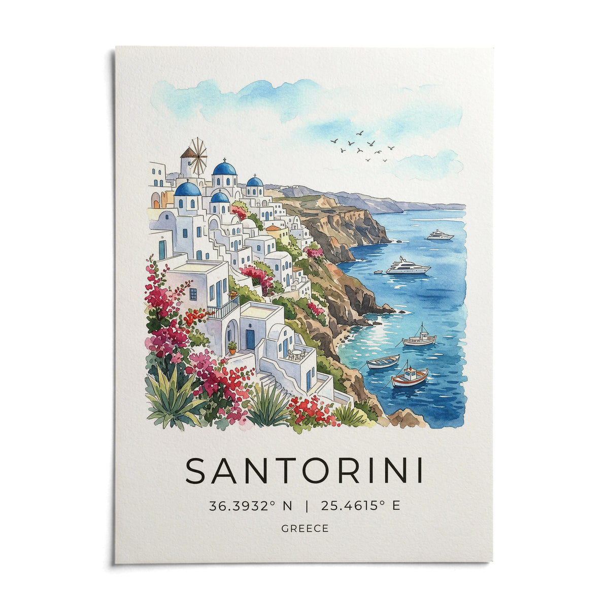 Santorini Art Print, shown as an unframed paper print on a plain white background