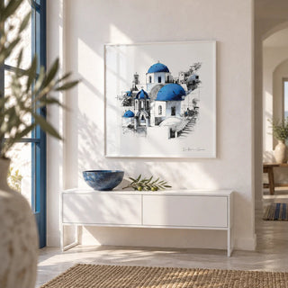 Santorini Wall Art, framed on the wall of a bright hallway