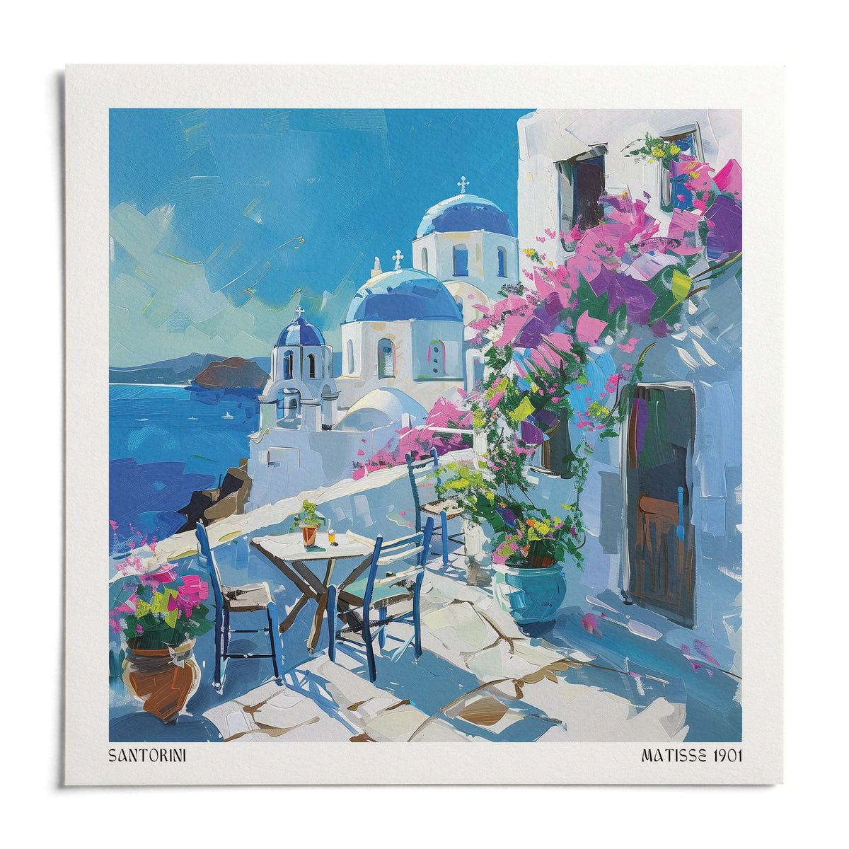 Santorini Wall Art Prints, shown as an unframed paper print on a plain white background