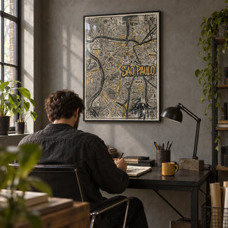 Sao Paulo Map Art, framed on the wall of an industrial home office with a grey wall
