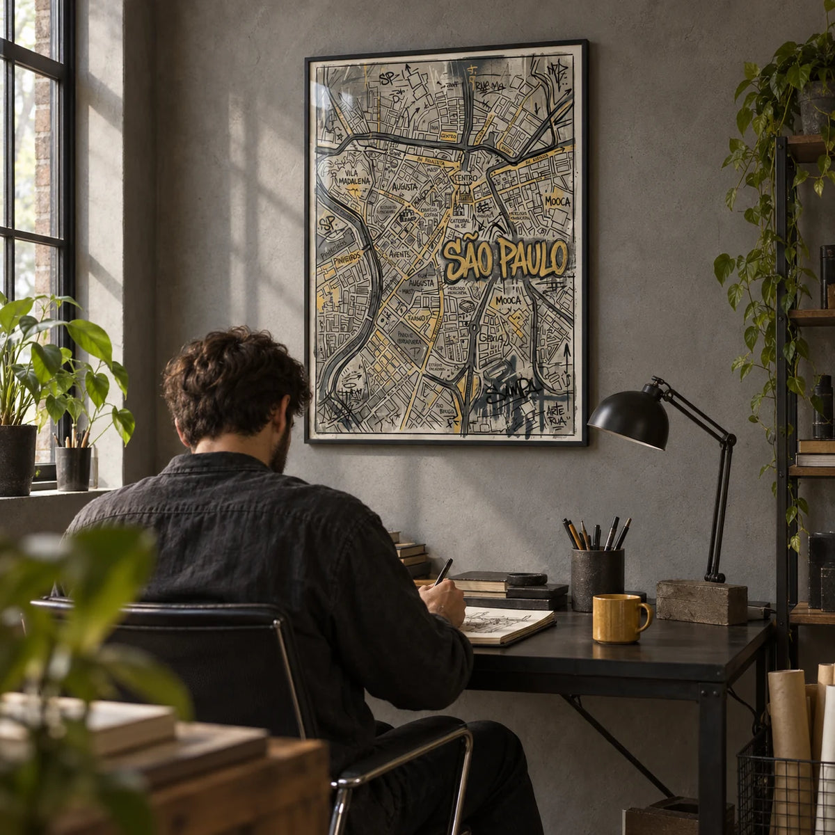 Sao Paulo Map Art, framed on the wall of an industrial home office with a grey wall