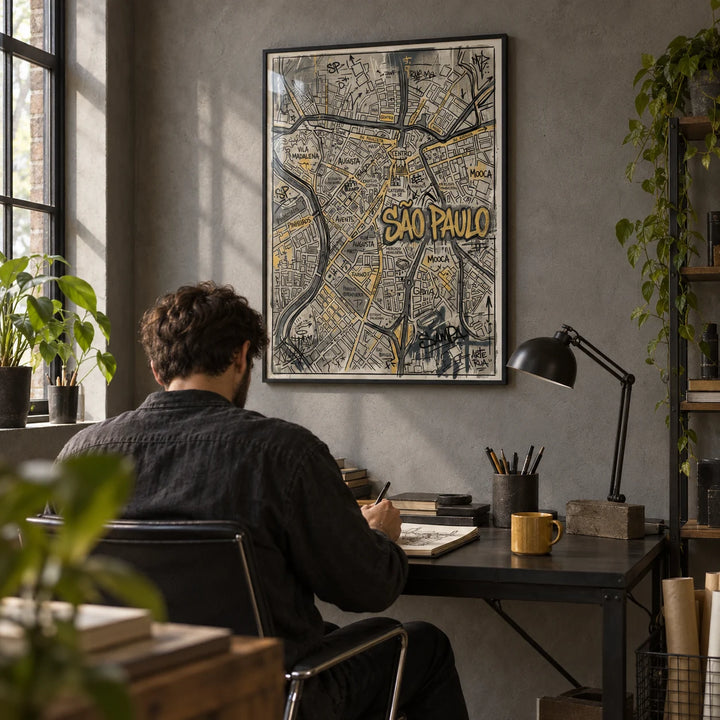 Sao Paulo Map Art, framed on the wall of an industrial home office with a grey wall