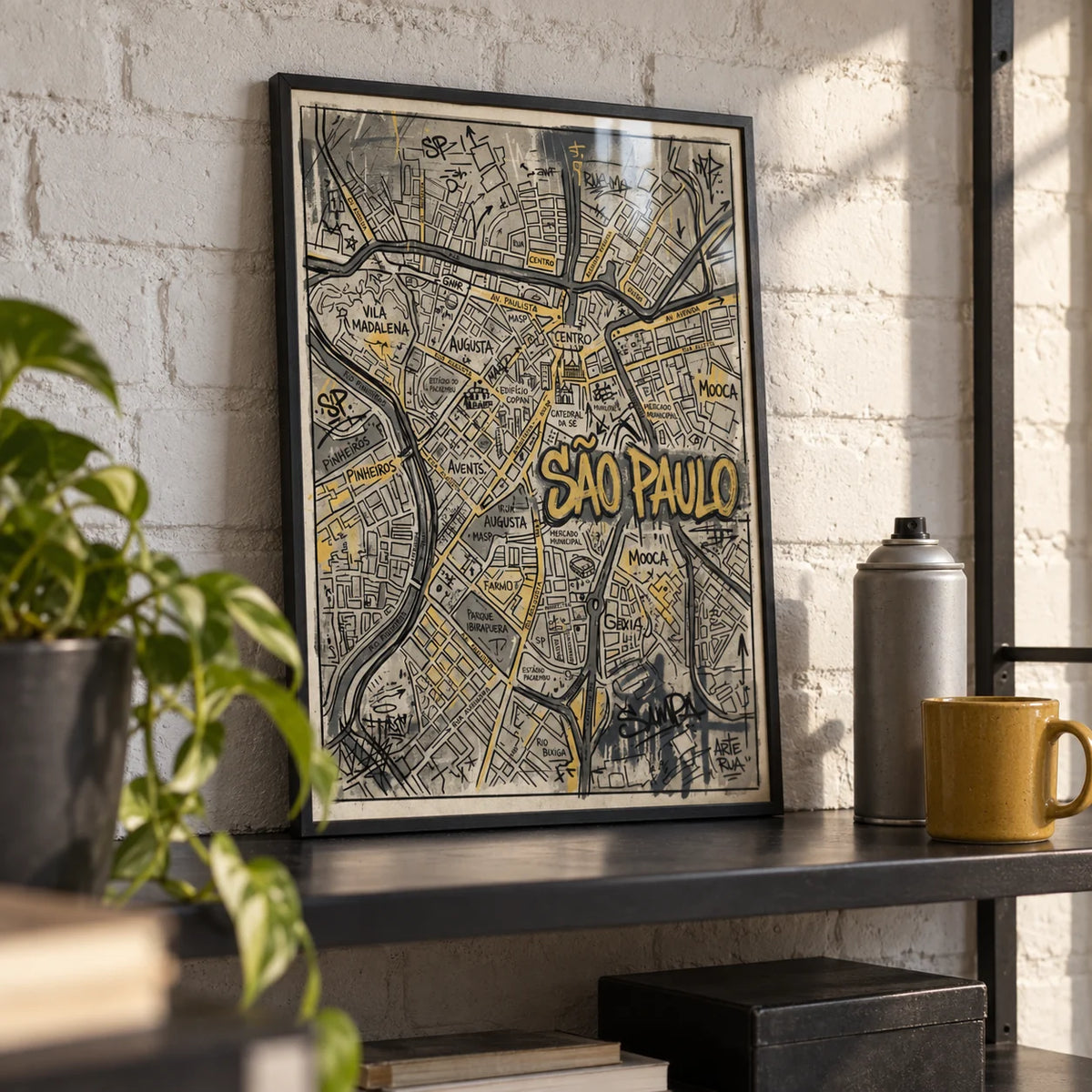 Sao Paulo Map Art, a small A4 framed print leaning on a black metal shelf in a living room