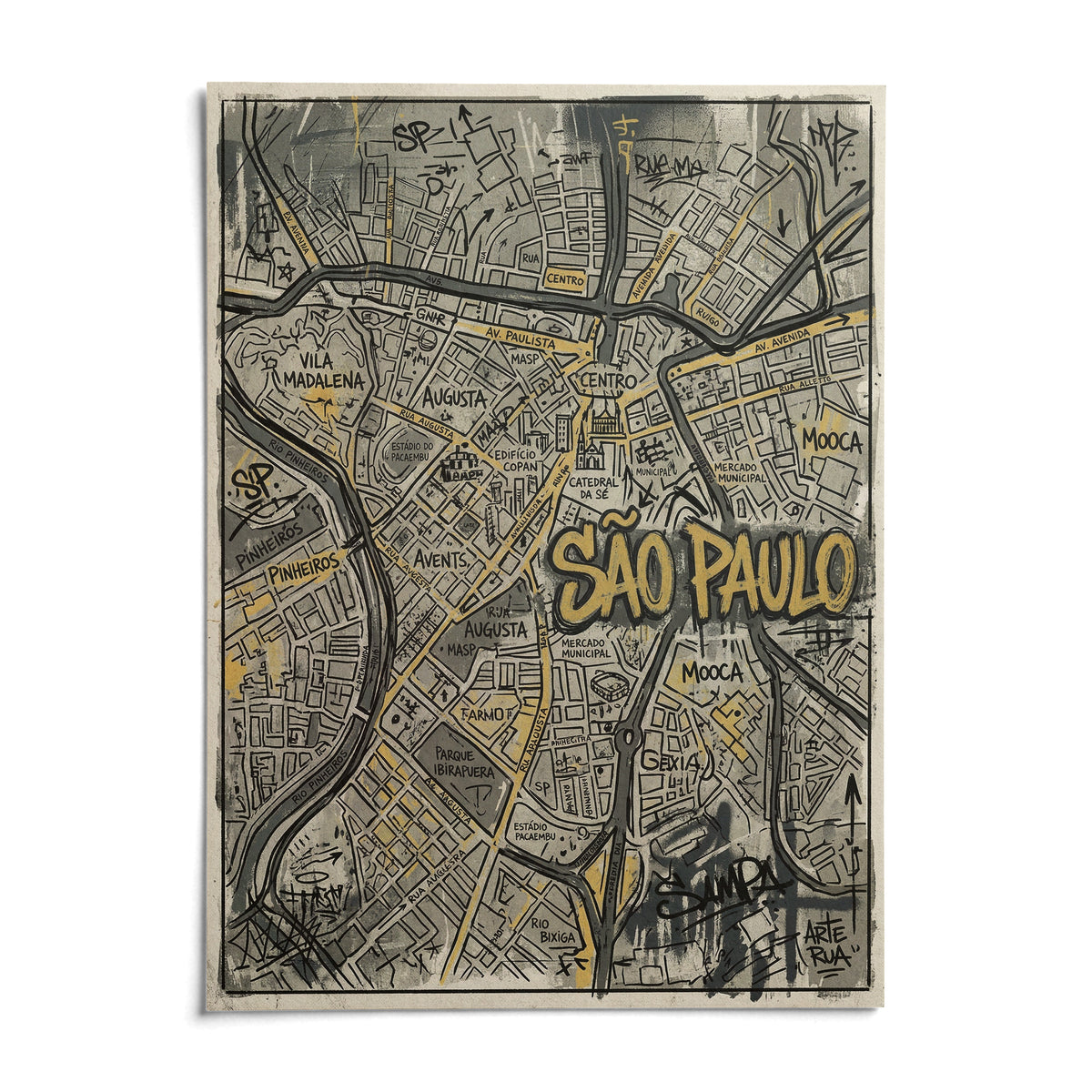Sao Paulo Map Art, shown as an unframed paper print on a plain white background