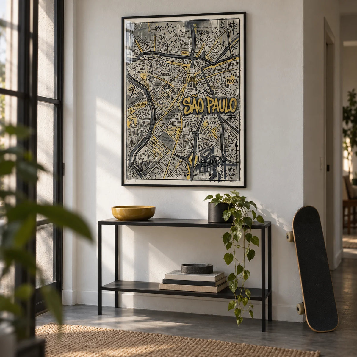 Sao Paulo Map Art, framed on the wall of an urban flat hallway with a white wall and a dark grey floor