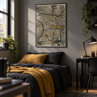 Sao Paulo Map Art, framed on the wall of an urban teen boy's bedroom (13-17) with a concrete grey painted wall
