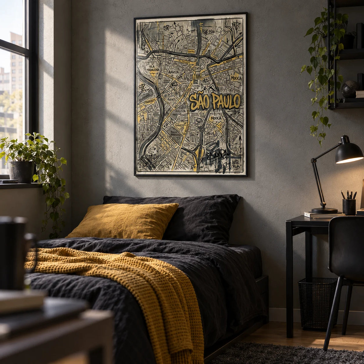 Sao Paulo Map Art, framed on the wall of an urban teen boy's bedroom (13-17) with a concrete grey painted wall