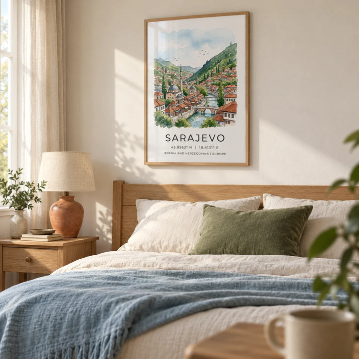 Sarajevo City Print, framed on the wall of a peaceful bedroom in a UK home with warm white walls and simple oak furniture
