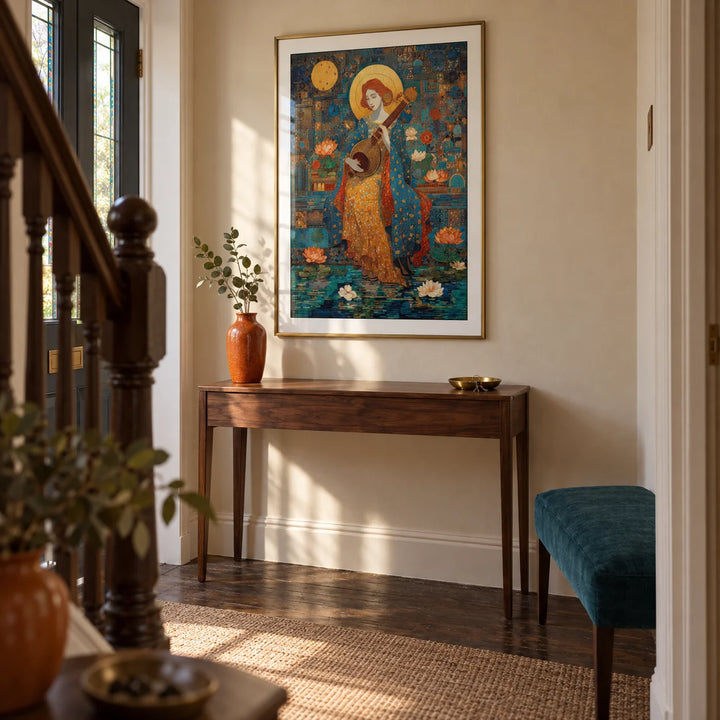 Saraswati Veena Print, framed on the wall of a characterful entrance hallway in a UK terraced house with pale warm plaster walls and a dark timber floor