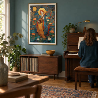Saraswati Veena Print, framed on the wall of a quiet music room in a UK family home with a muted teal wall and warm timber floor