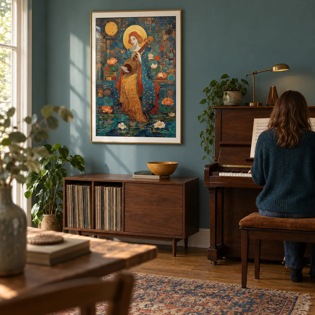 Saraswati Veena Print, framed on the wall of a quiet music room in a UK family home with a muted teal wall and warm timber floor