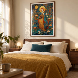 Saraswati Veena Print, framed on the wall of a restful main bedroom in a UK townhouse with warm ivory walls and walnut bedside furniture