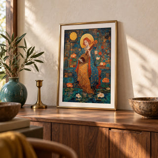 Saraswati Veena Print, a small A4 framed print leaning on a walnut sideboard in a living room