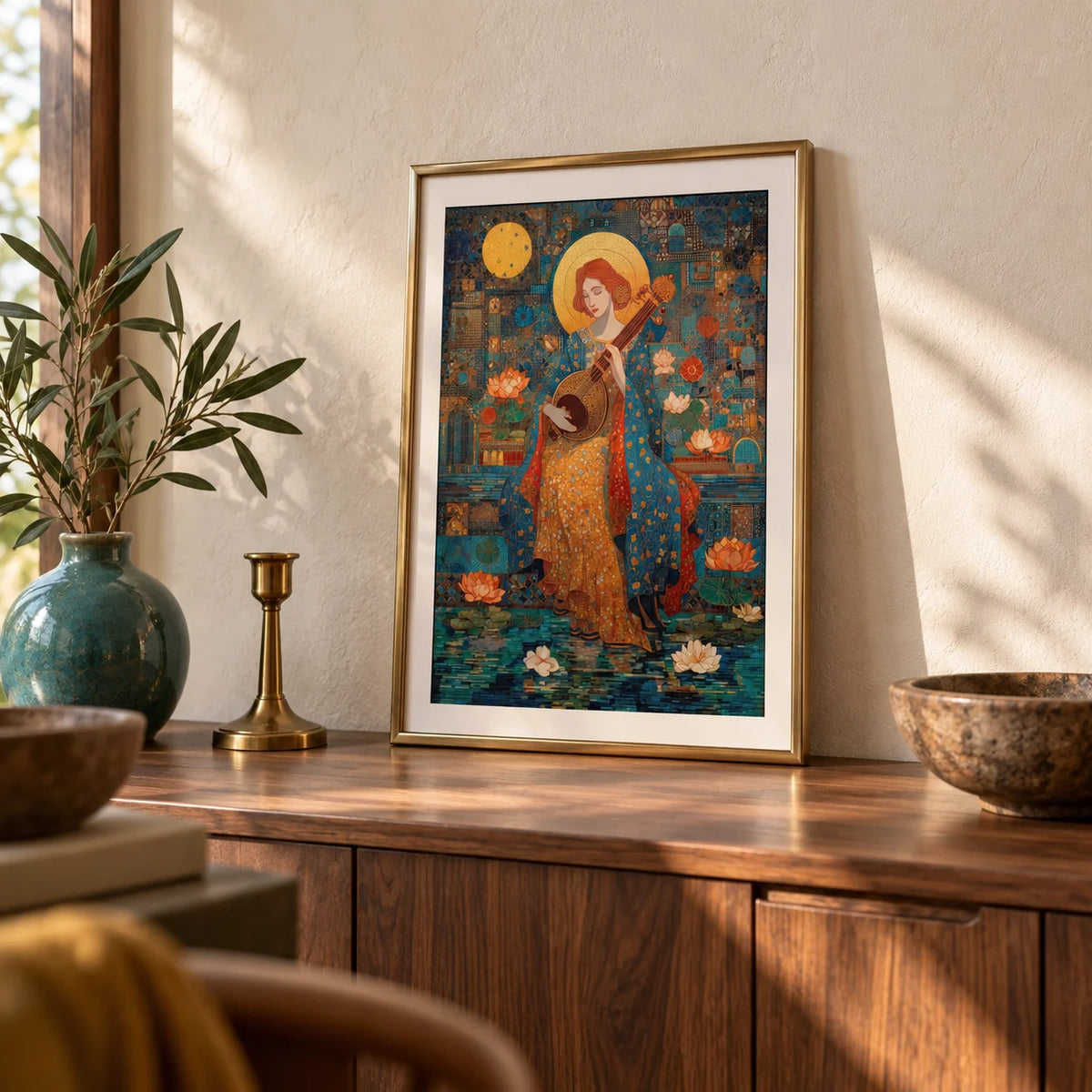 Saraswati Veena Print, a small A4 framed print leaning on a walnut sideboard in a living room