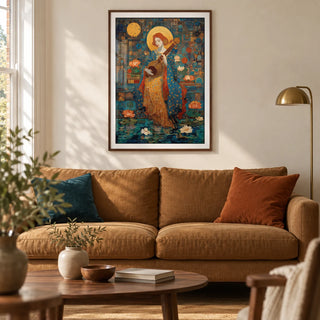 Saraswati Veena Print, framed on the wall of a warm contemporary living room in a UK Victorian terrace with ivory plaster walls and oak floorboards