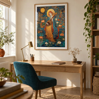 Saraswati Veena Print, framed on the wall of a warm creative study in a UK flat with an ivory wall and a pale oak floor