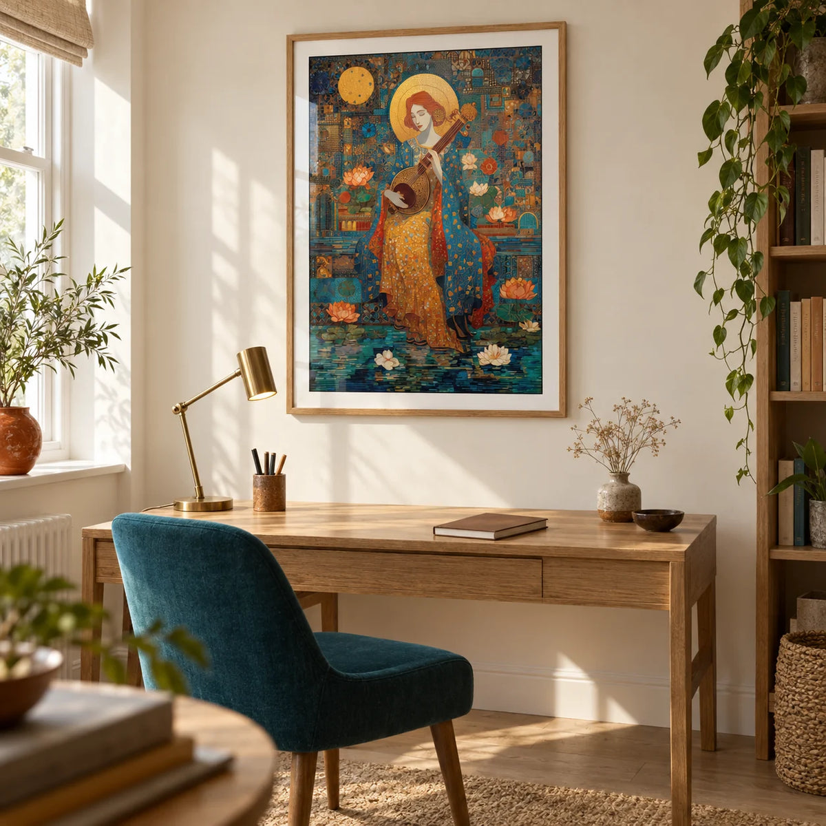 Saraswati Veena Print, framed on the wall of a warm creative study in a UK flat with an ivory wall and a pale oak floor