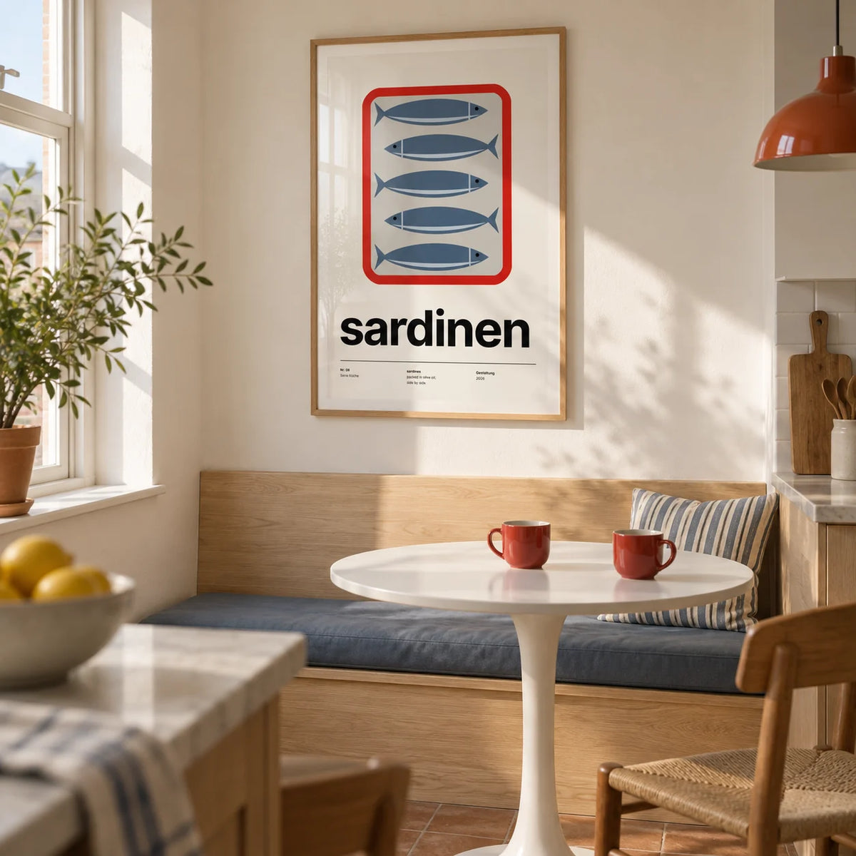 Sardine Print, framed on the wall of a compact kitchen breakfast nook in a UK maisonette with a warm white wall and a built-in pale oak bench
