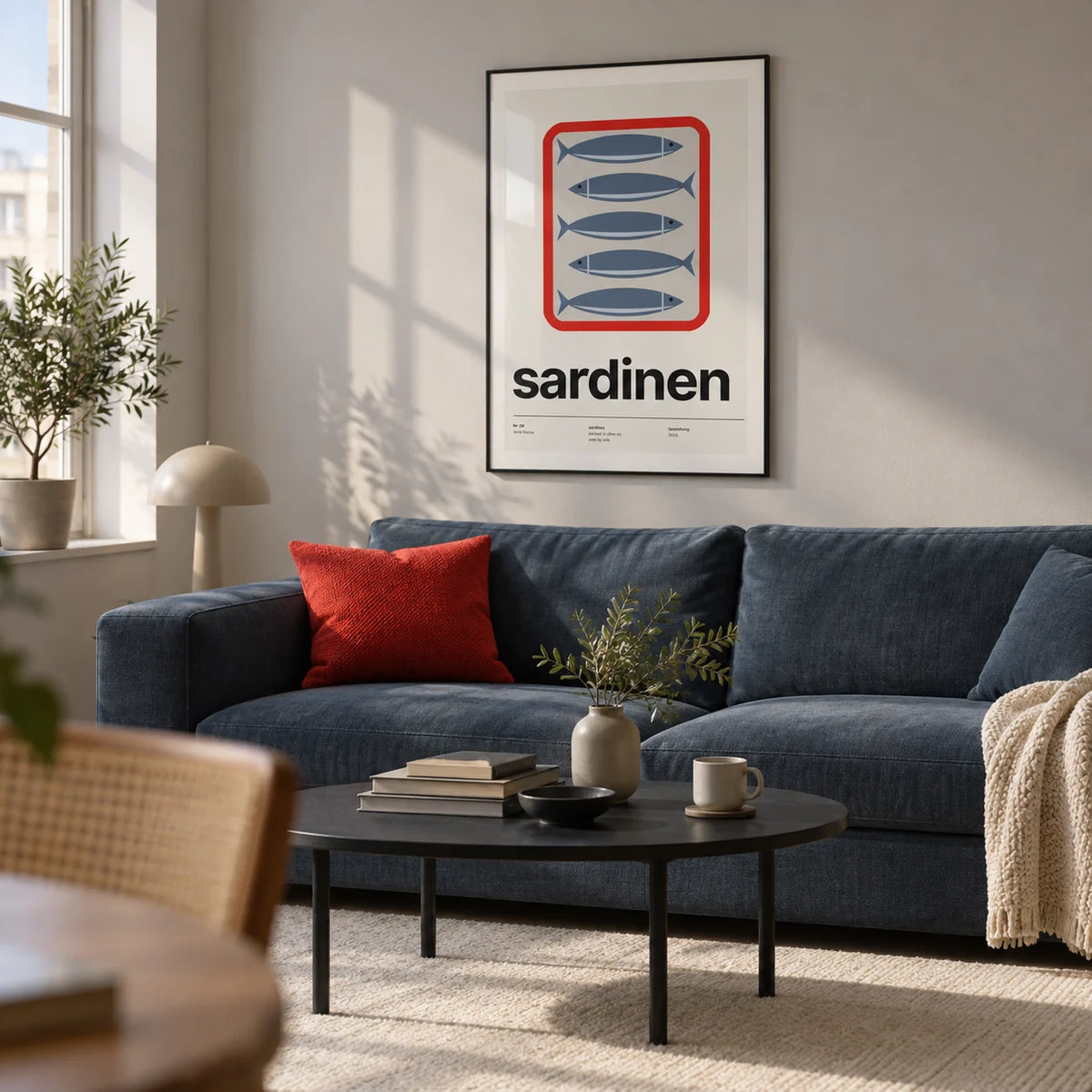 Sardine Print, framed on the wall of a design-led living room in a first flat for a couple aged 25-30 with pale grey walls and a light oak floor