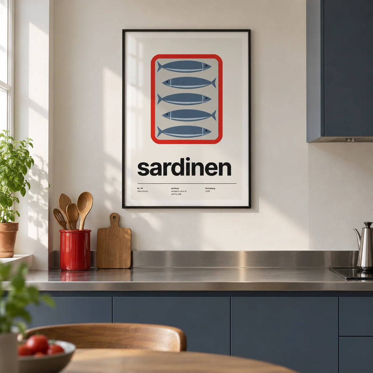 Sardine Print, framed on the wall of a modern kitchen in a UK city flat with off-white walls