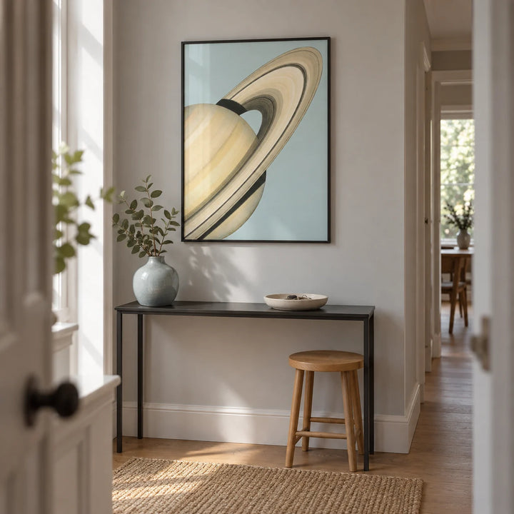 Saturn Wall Art, framed on the wall of a narrow hallway in a renovated UK terrace with pale grey walls and natural oak flooring