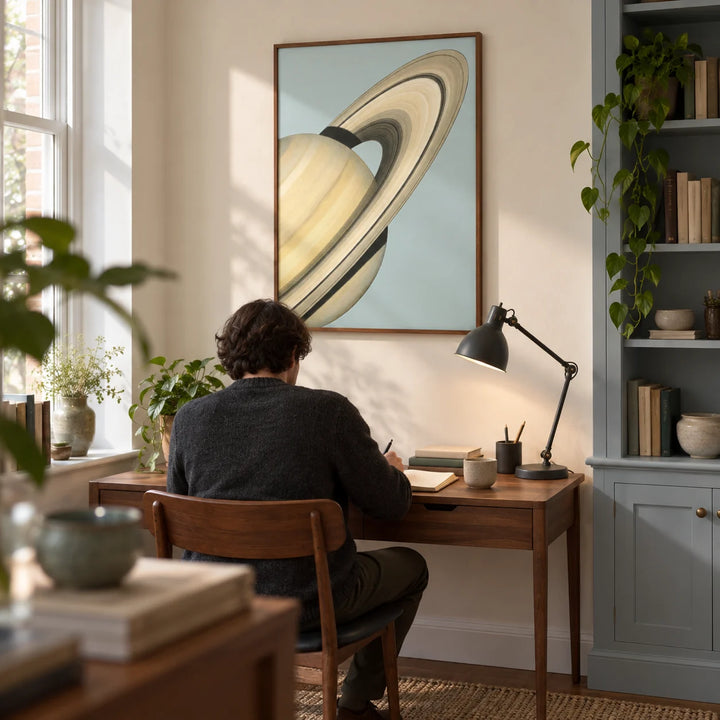 Saturn Wall Art, framed on the wall of a quiet home study in a UK terraced house with warm white walls and a fitted pale blue cupboard