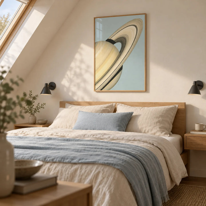 Saturn Wall Art, framed on the wall of a restful adult attic bedroom in a UK home with a sloping ceiling and a warm white vertical wall
