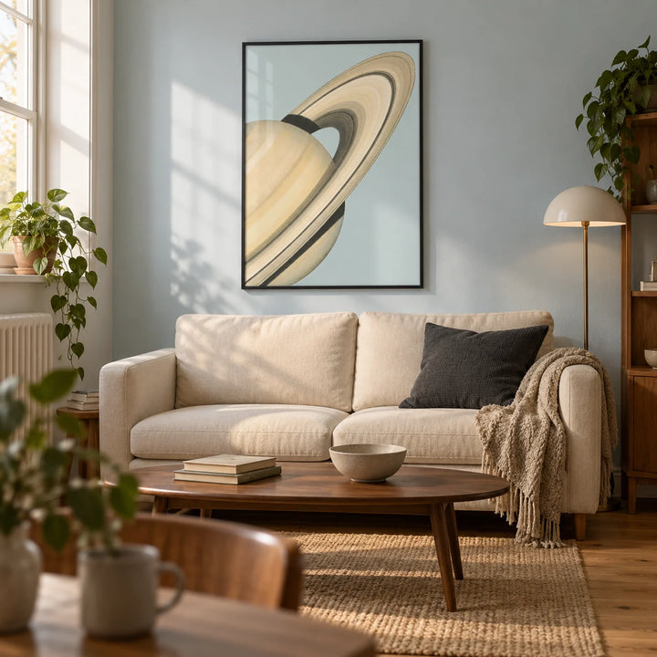 Saturn Wall Art, framed on the wall of a thoughtfully furnished living room in a UK first flat (25-35) with a pale blue wall and oak floorboards