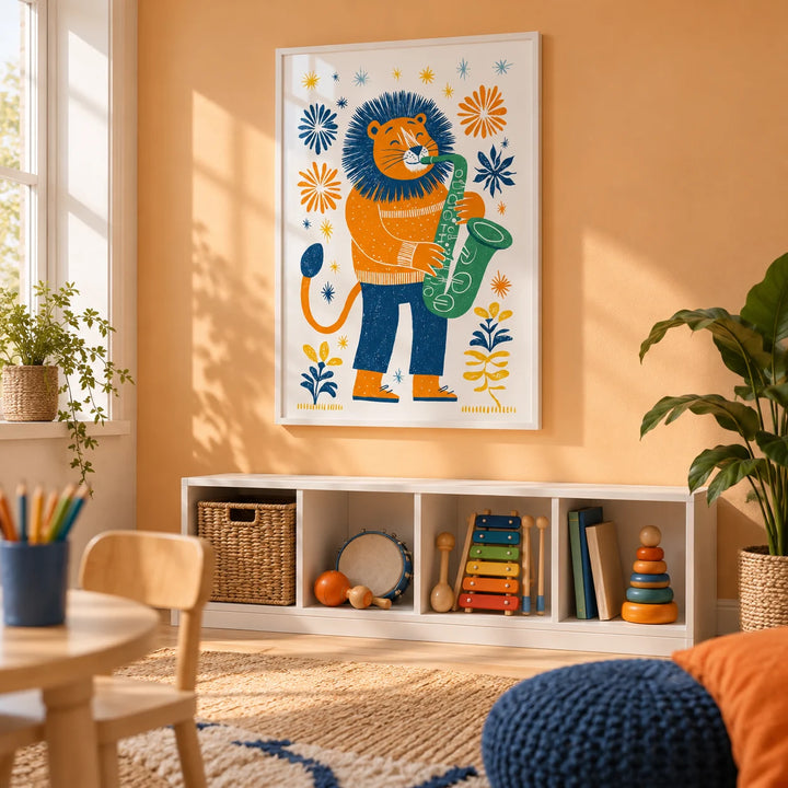 Saxophone Lion Art Print, framed on the wall of a bright playroom with a pale orange wall