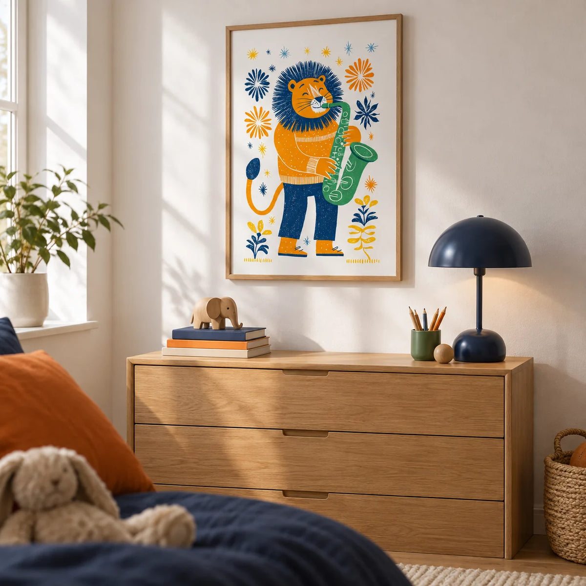 Saxophone Lion Art Print, framed on the wall of a calm child's room with a white wall