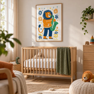 Saxophone Lion Art Print, framed on the wall of a cheerful nursery with a soft white wall