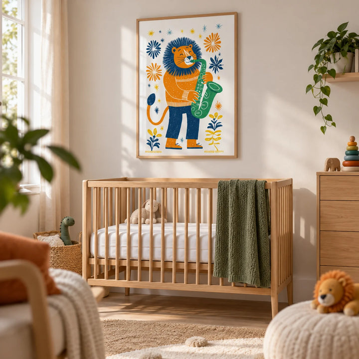 Saxophone Lion Art Print, framed on the wall of a cheerful nursery with a soft white wall