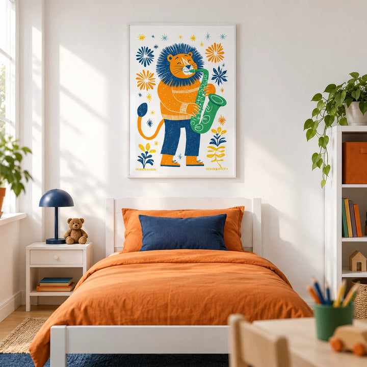 Saxophone Lion Art Print, framed on the wall of a child's bedroom with a white wall