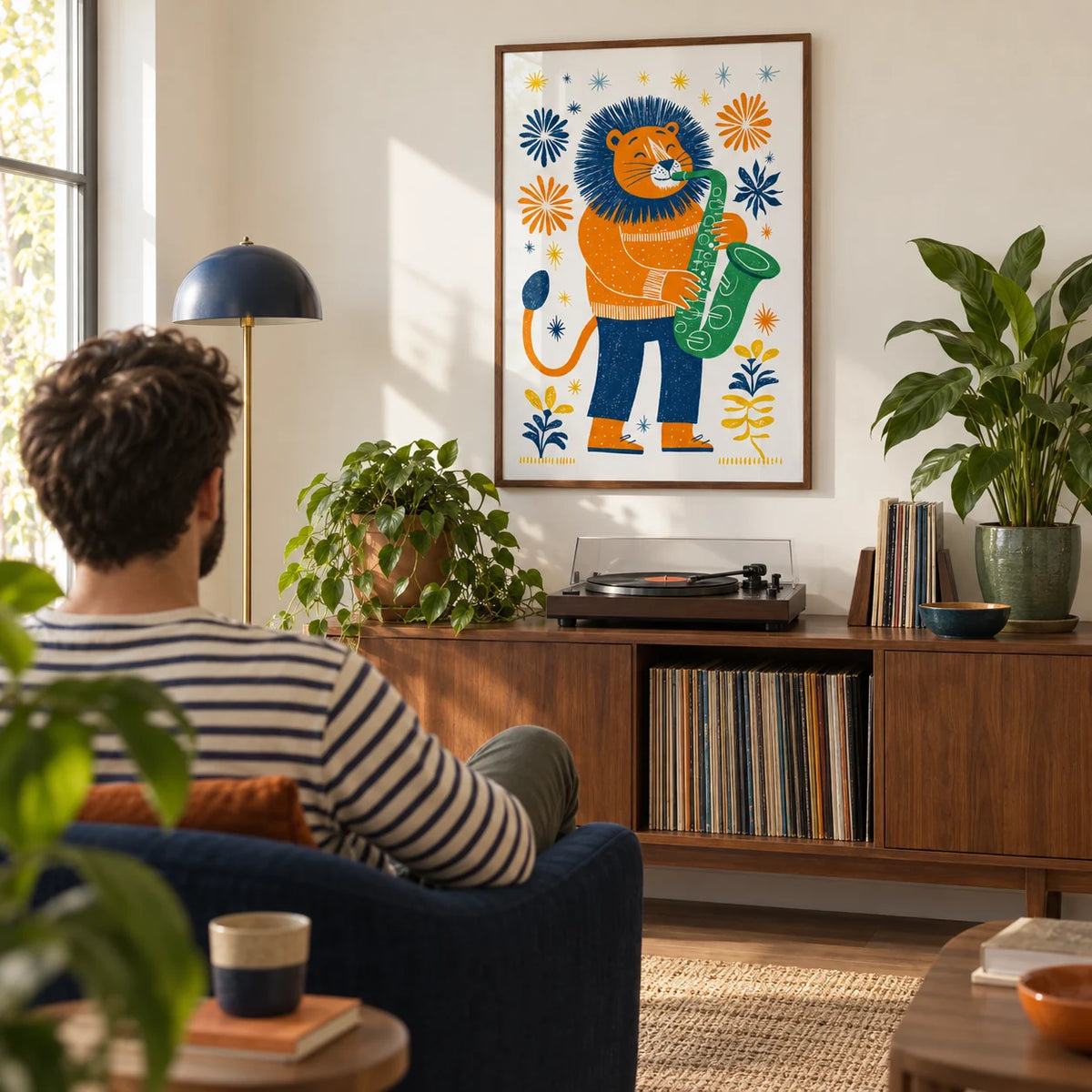 Saxophone Lion Art Print, framed on the wall of a family music room with a warm white wall in a living room