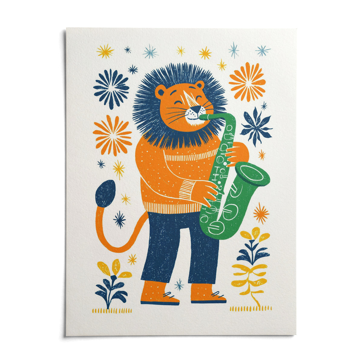 Saxophone Lion Art Print, shown as an unframed paper print on a plain white background