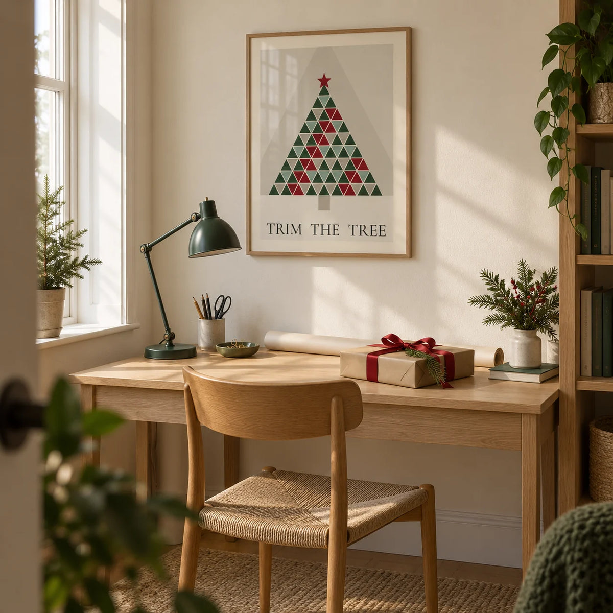 Scandinavian Christmas Print, framed on the wall of a compact home study in a UK terrace with a cream wall and a pale oak desk