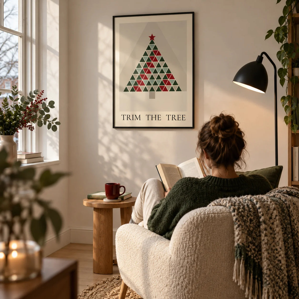 Scandinavian Christmas Print, framed on the wall of a quiet winter reading corner in a UK first flat for a design-loving adult (25-35) in a living room