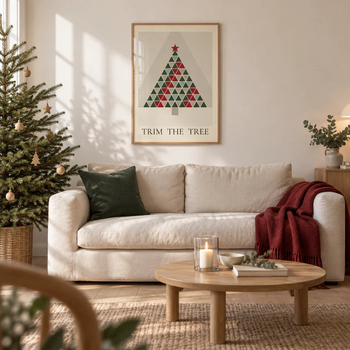 Scandinavian Christmas Print, framed on the wall of a Scandinavian living room in a UK terraced house with warm white walls and pale oak floorboards