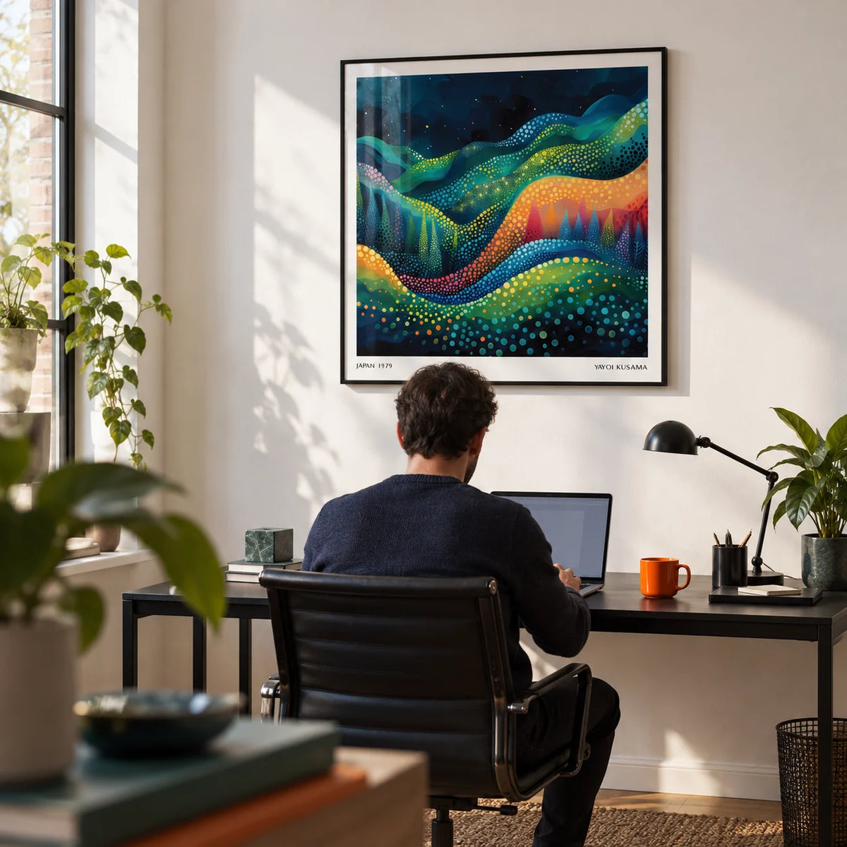 Scenic Wall Art, framed on the wall of a design-led home office with a white wall