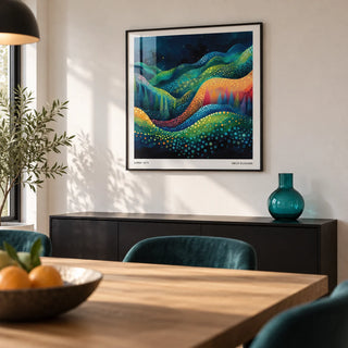 Scenic Wall Art, framed on the wall of a modern dining room with a soft white wall