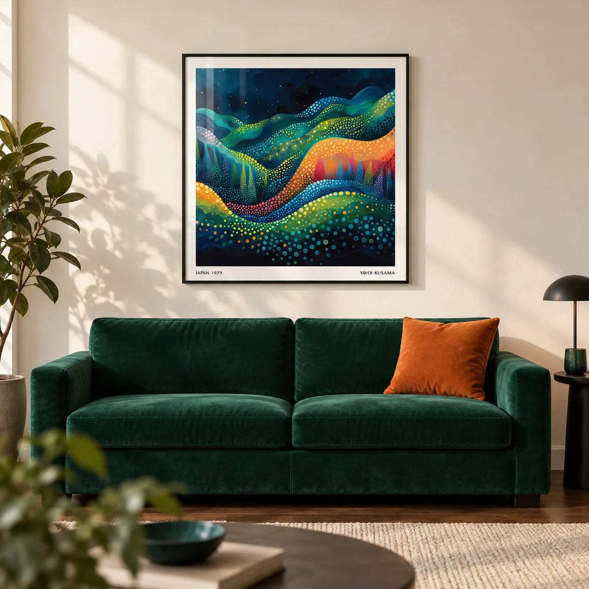 Scenic Wall Art, framed on the wall of a modern living room with a warm white wall and a dark wood floor