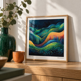 Scenic Wall Art, a small A4 framed print leaning on an oak shelf in a living room