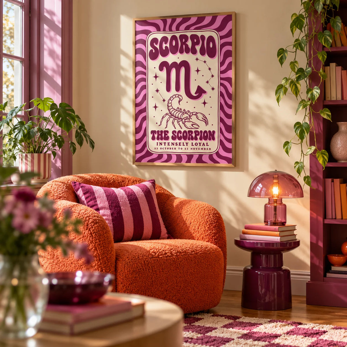Scorpio Print, framed on the wall of a cosy colourful reading nook in a living room